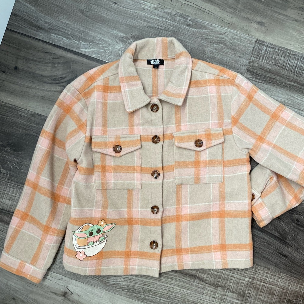 Disney Star Wars Mandalorian Baby Yoda Oversized Flannel Button Down Shacket L